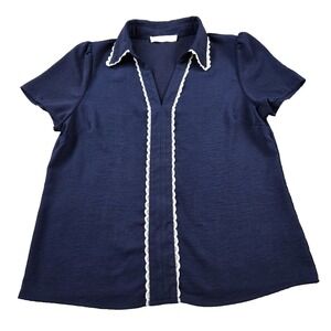 Fair Haven Women's Short Sleeve Shirt Navy with Feminine Lace Trim Demure Large